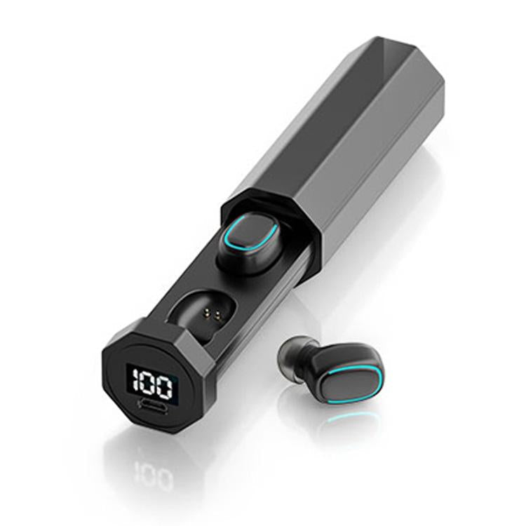 True Wireless Bluetooth Earphones with Digital Display and Charging Box - Black
