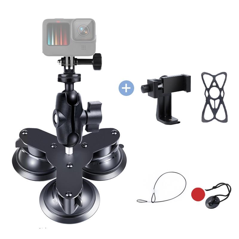 Triangle Suction Cup Mount for Gopro with Tripod Adapter and Phone Clamp
