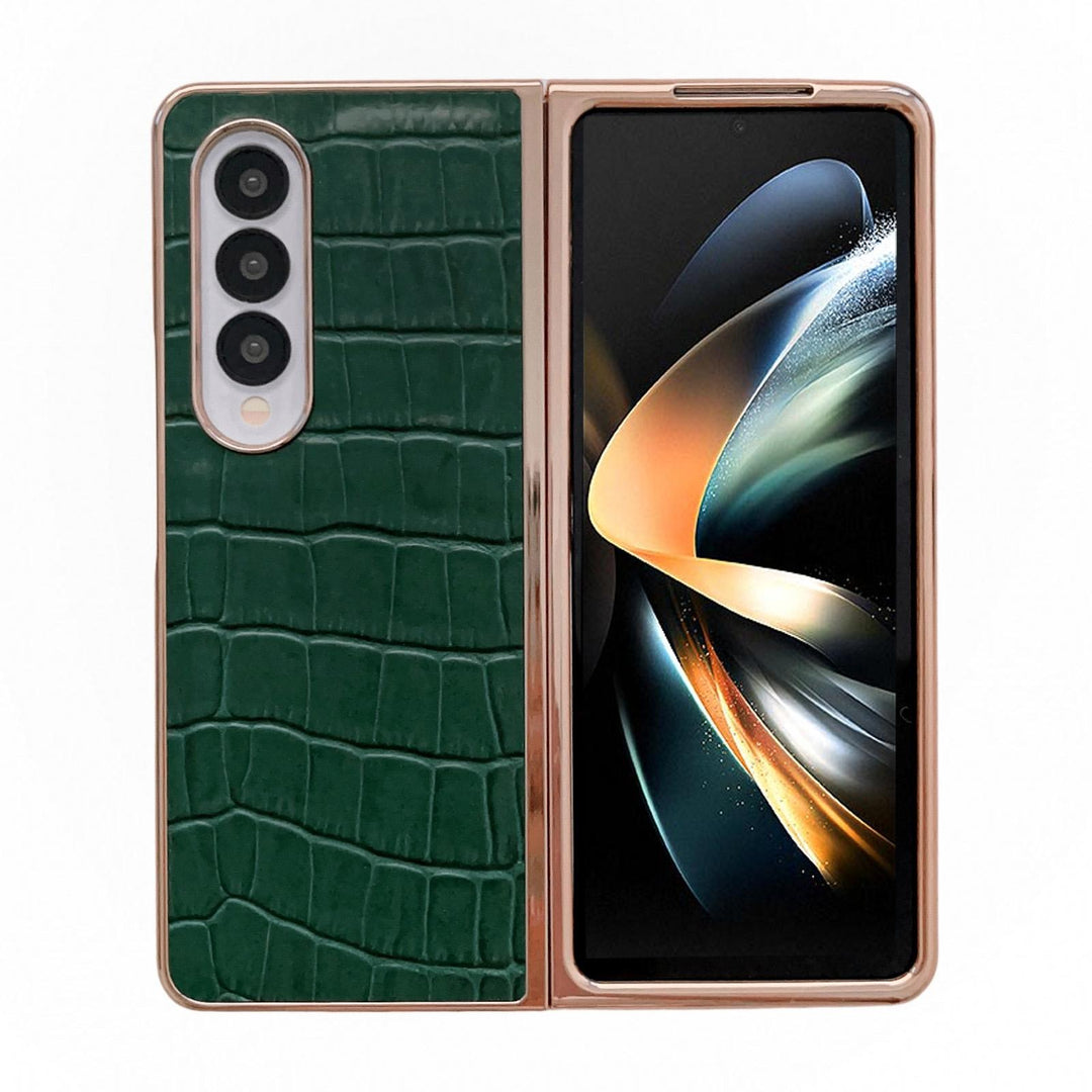 For Samsung Galaxy Z Fold4 5G Crocodile Leather Phone Case - Electroplated - Dark Green
