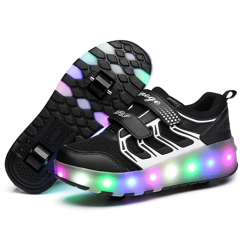 Rechargeable Double Wheel Roller Skating Shoes - Size 37 Ultra Light Mesh Surface - Black