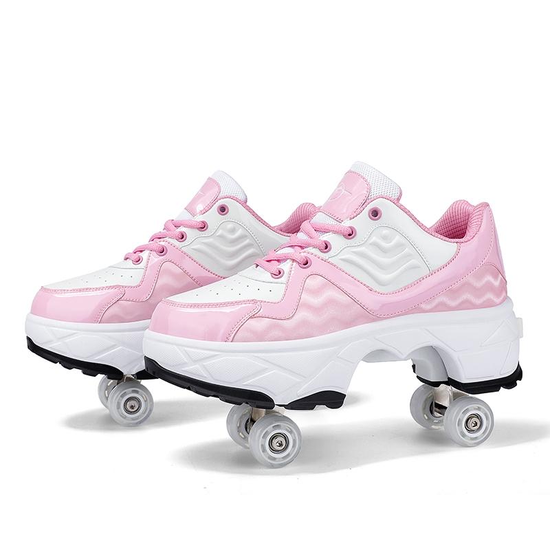 Retractable Dual-purpose Roller Skates - Size 33 Deformable Four-wheel - Df09 Pink - 33