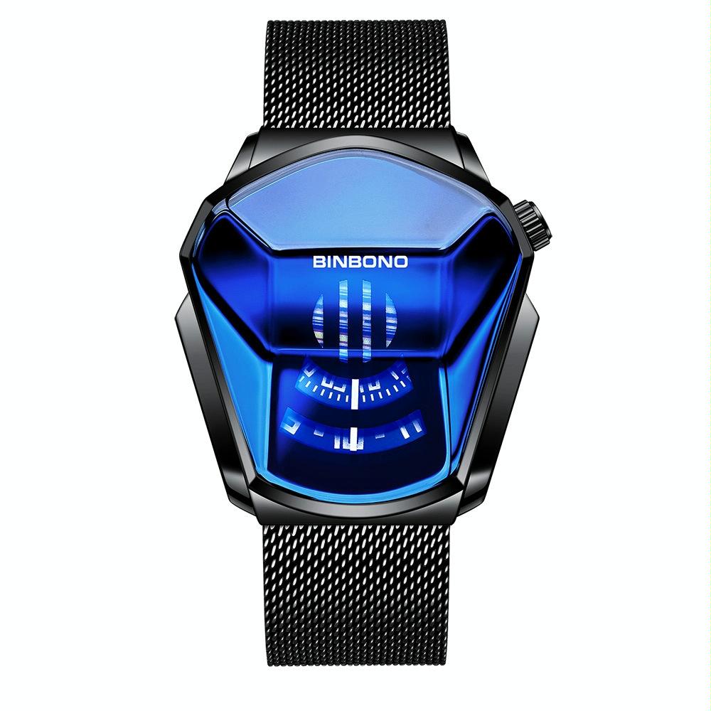 Black Technology Men Watch with Locomotive Concept - Black Net Belt-Black Steel-Blue Face