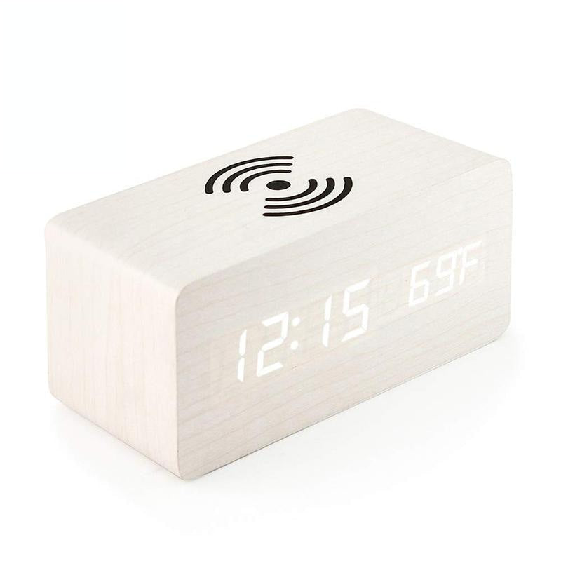 5W Wooden Wireless Charger With Led Mirror Display And Sub Alarm Clock - White Wood