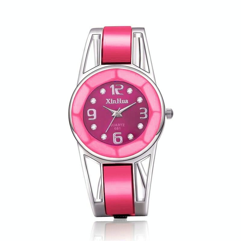 Stainless Steel Diamond Bracelet Watch for Women - Hollow Mirror Surface - Pink