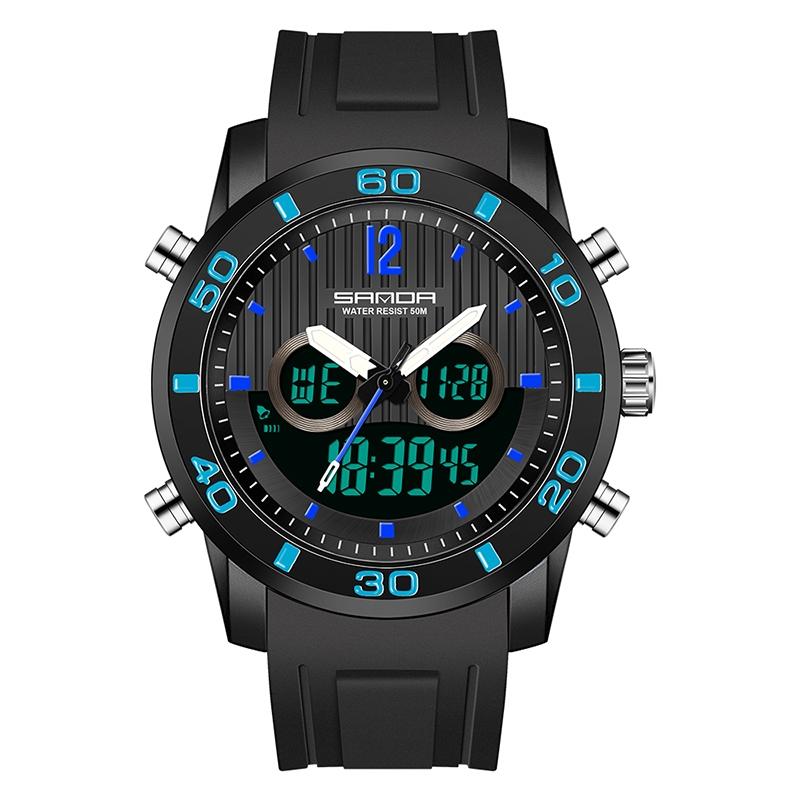 Men Outdoor Sports Shockproof Electronic Watch with Dual Digital Display and Luminous Feature - Black Blue
