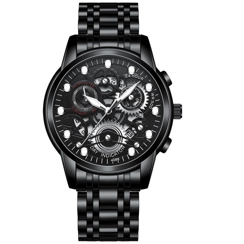 Waterproof Luminous Men Quartz Watch - Hollow Design - Black Steel Black Surface White Nails