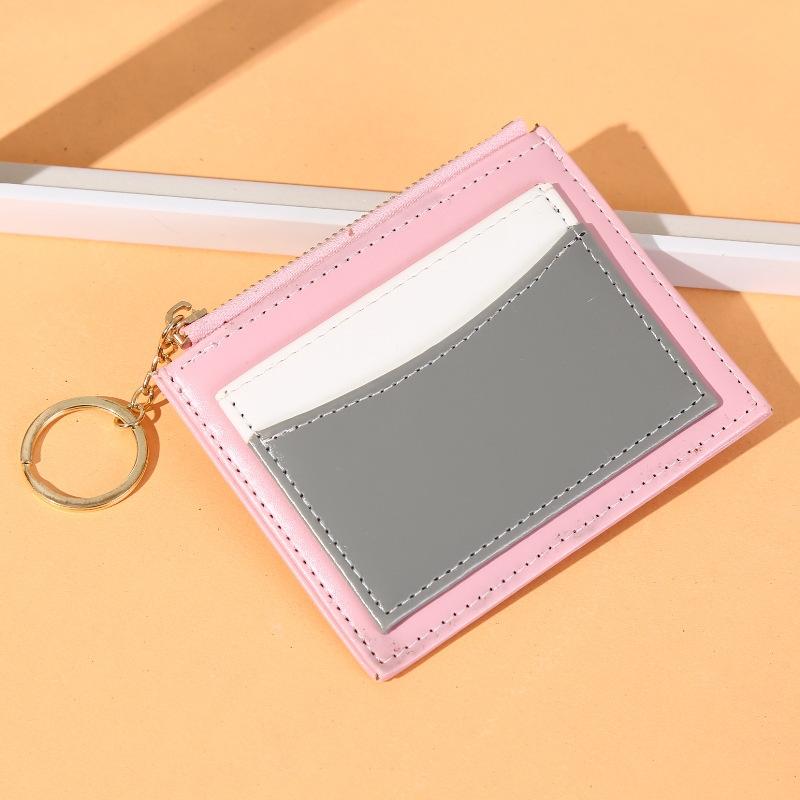 Portable Simple Card Holder Coin Purse With Keychain Unisex Pu Wallet - Pink