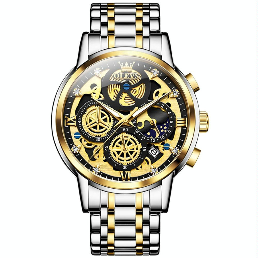 Waterproof Multifunctional Men Quartz Watch - Hollow Design - Black + Gold