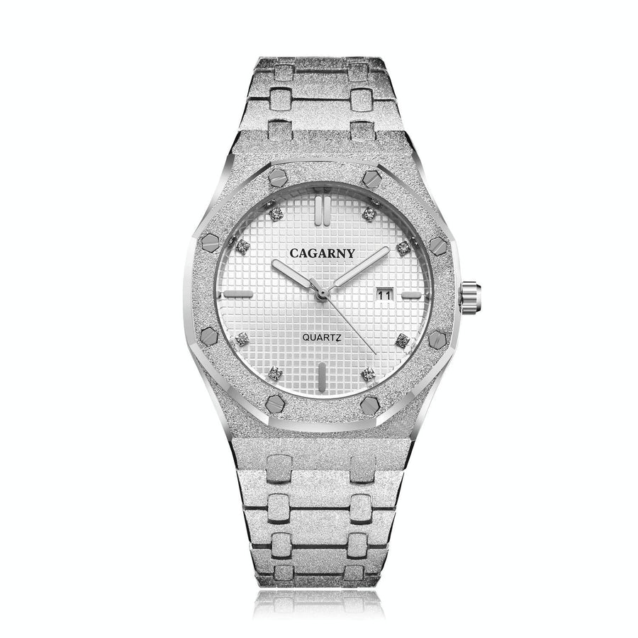 Men Quartz Steel Watch with Simple Stone Surface - Silver Shell White Surface