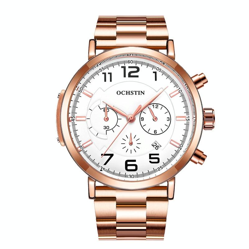 Men Multifunction Steel Quartz Watch with Steel Strap - Rose Gold White