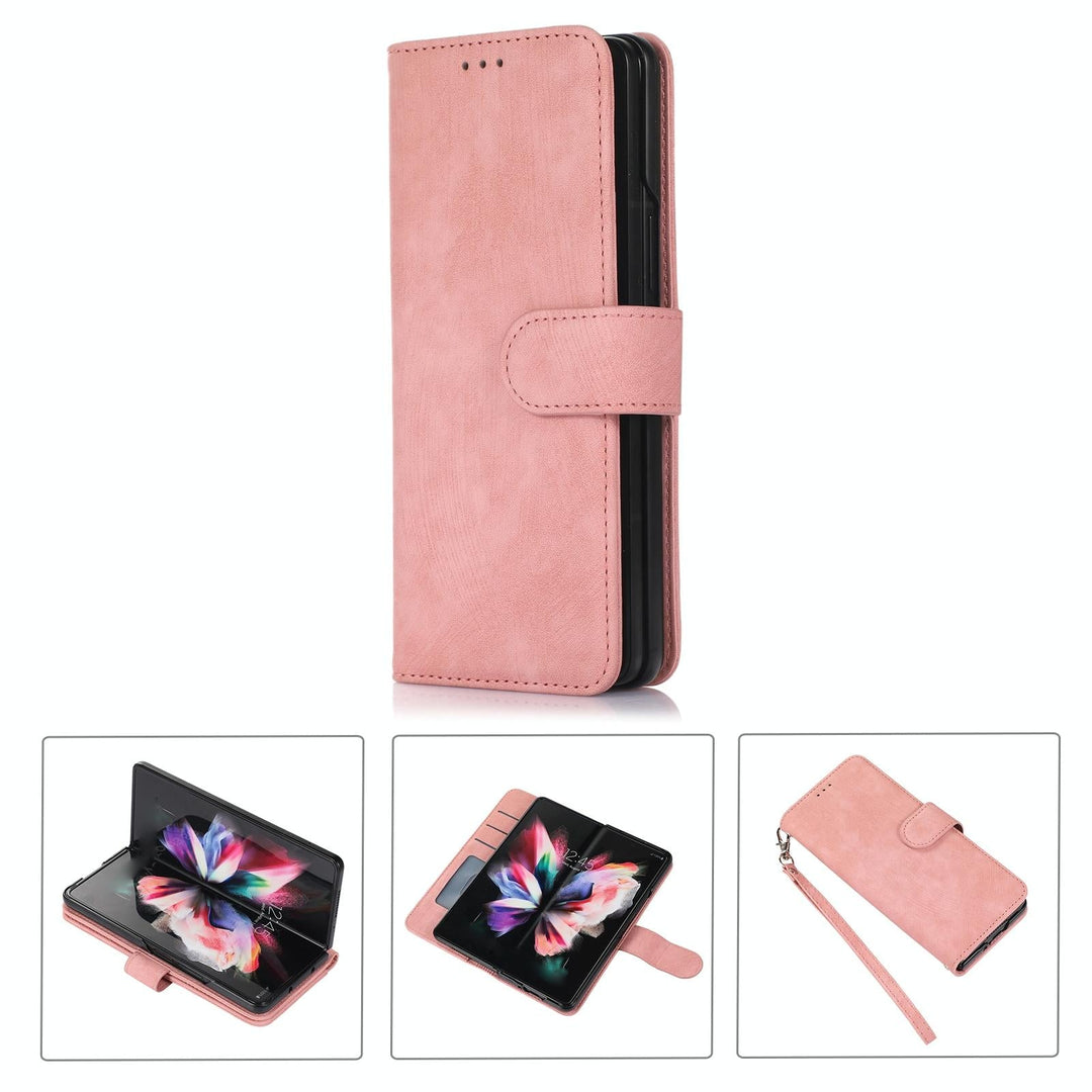 Samsung Galaxy z Fold 4 Leather Phone Case with Pen Slot - Horizontal Flip - Pink