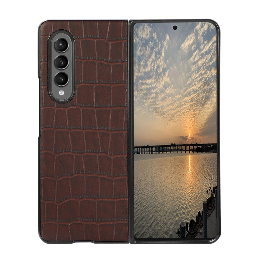 For Samsung Galaxy Z Fold4 5G Genuine Leather Crocodile Texture Phone Case - Brown