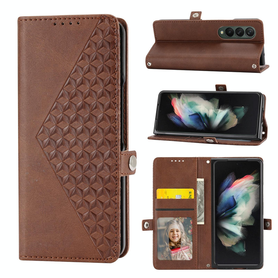 For Samsung Galaxy Z Fold4 5G Textured Leather Phone Case - Cubic Grid Design - Brown