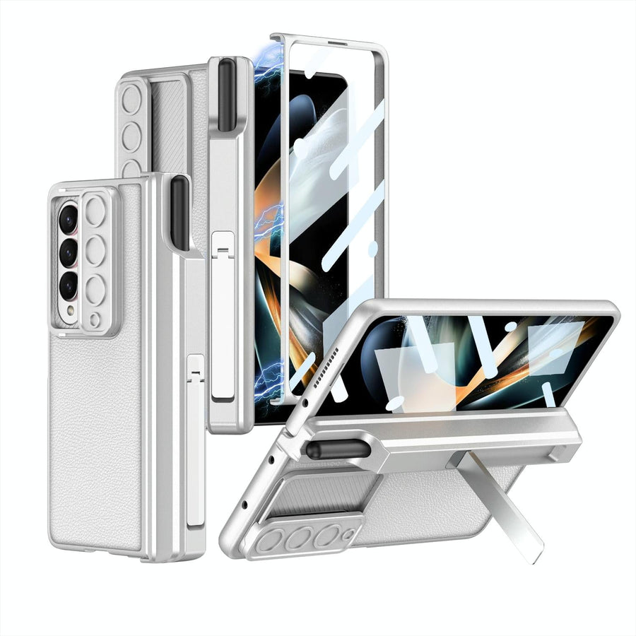 For Samsung Galaxy Z Fold4 5G Magnetic Leather Flip Case With Holder - Silver