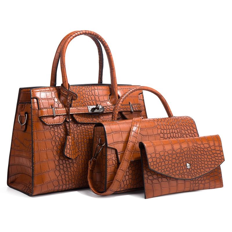 Large Capacity 3-in-1 Crocodile Print Crossbody Tote - Diagonal Design - Dark Brown