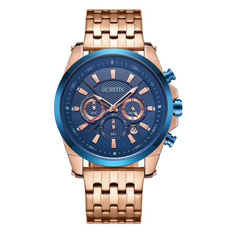 Multifunctional Steel Strap Men Watch - Fashionable Quartz - Rose Gold Blue