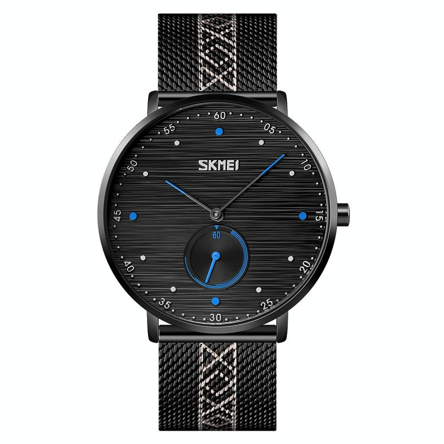 Men Striped Arabic Numeral Mesh Quartz Watch - Horizontal Design - Blue