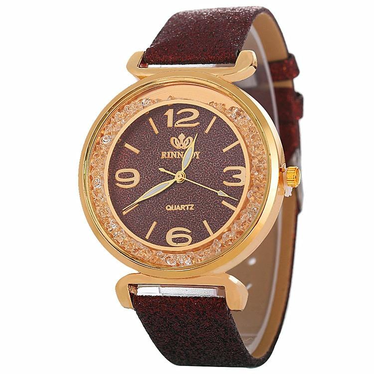 Gold Rhinestone Quartz Watch with Pu Leather Strap for Women - Brown