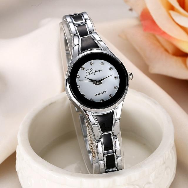 Women Stainless Steel Bracelet Watch with Two-tone Dial - Silver Black