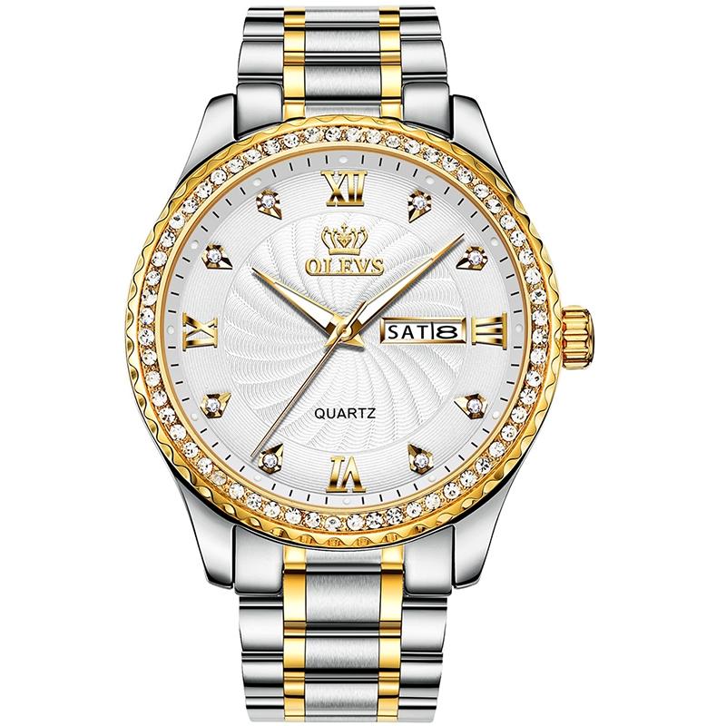 Waterproof Diamond Quartz Watch for Men with Stainless Steel Strap - White