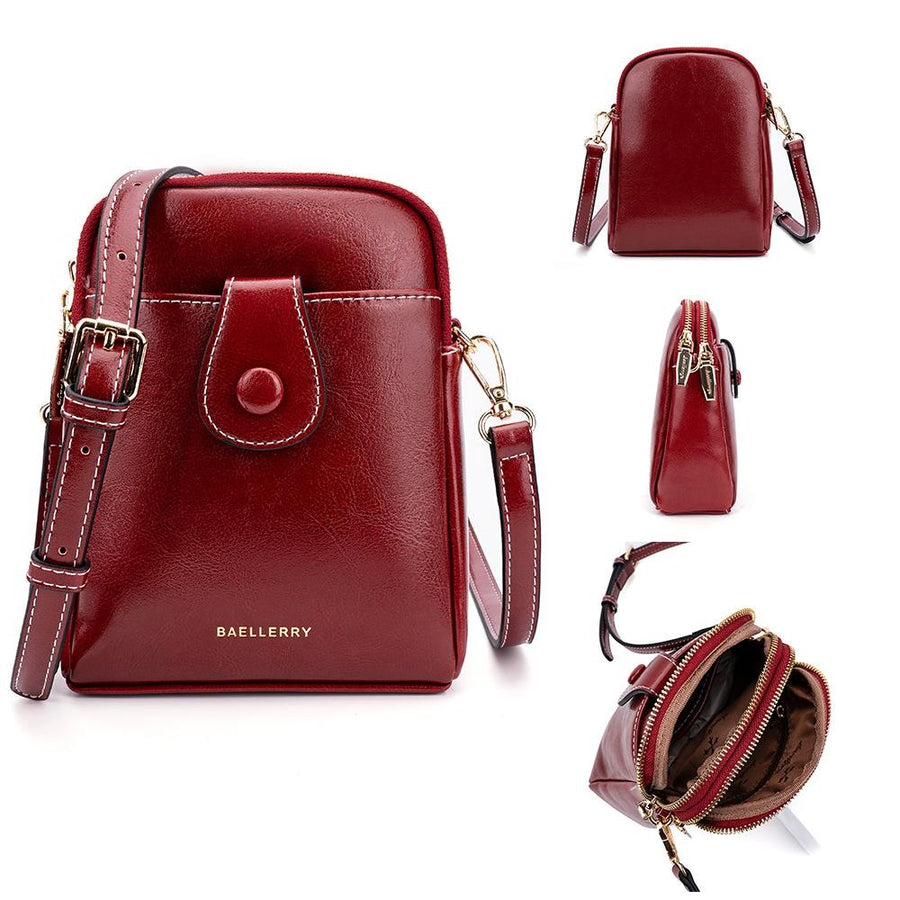 Oil Wax Leather Double Zip Crossbody Phone Bag - Red