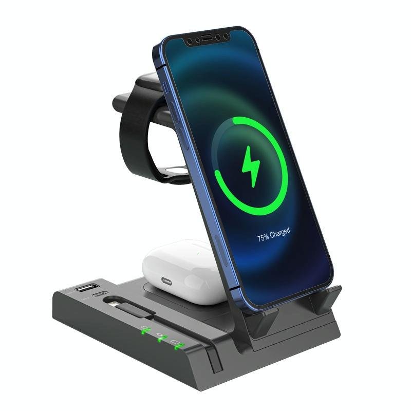 6 In 1 Wireless Charging Stand With Usb C Port & 8 Pin Cable - Grey