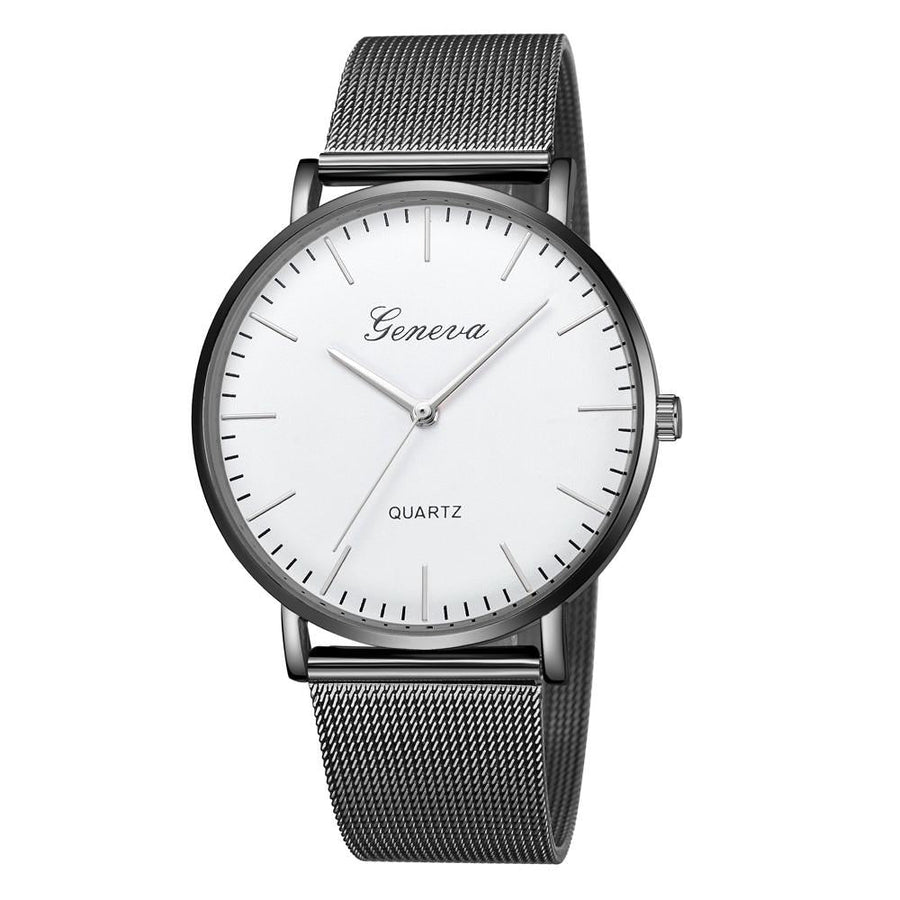 Stainless Steel Mesh Unisex Quartz Watch - Black Shell White Dial Silver Needle
