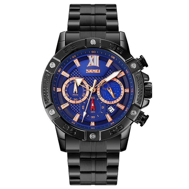 Stainless Steel Men Moonphase Quartz Watch with Strap - Black Blue