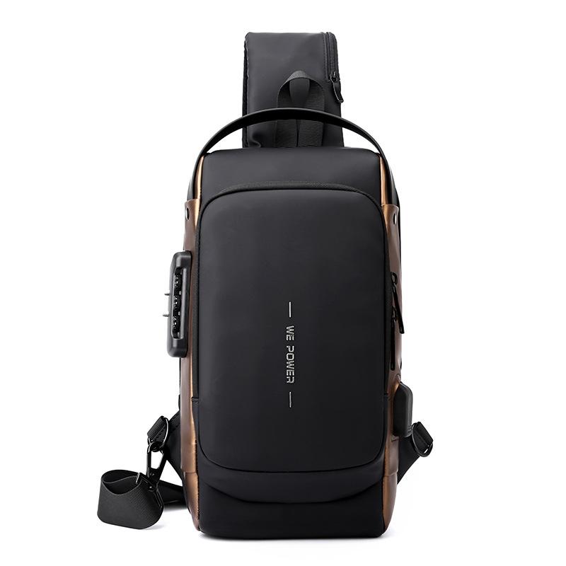 Anti Theft Men Chest Bag With Password Lock Secure Locomotive Messenger Bag - Black Brown