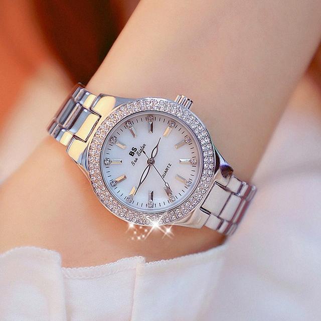 Women Round Diamond Watch with Alloy Strap - Silver
