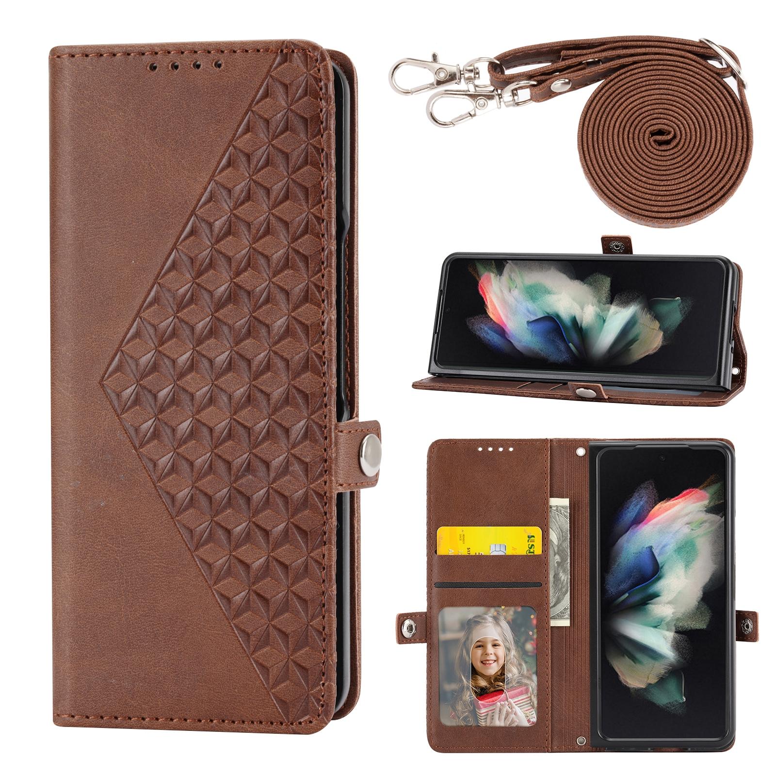 For Samsung Galaxy Z Fold4 5G Leather Grid Texture Phone Case With Lanyard - Brown