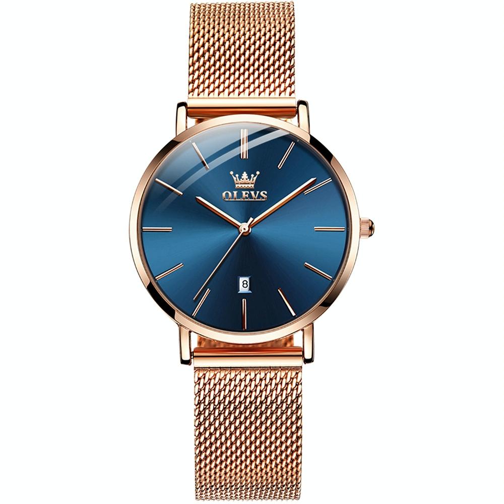 Waterproof Women Quartz Watch with Steel Strap - Blue + Rose Gold
