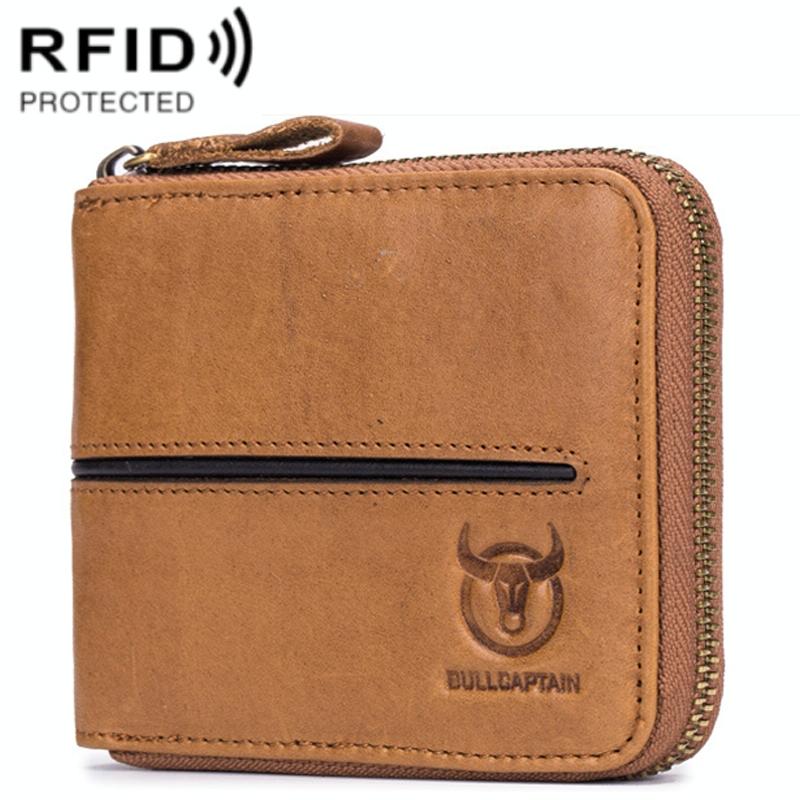 Zippered Cowhide Card Holder with Rfid Protection - Yellow Brown