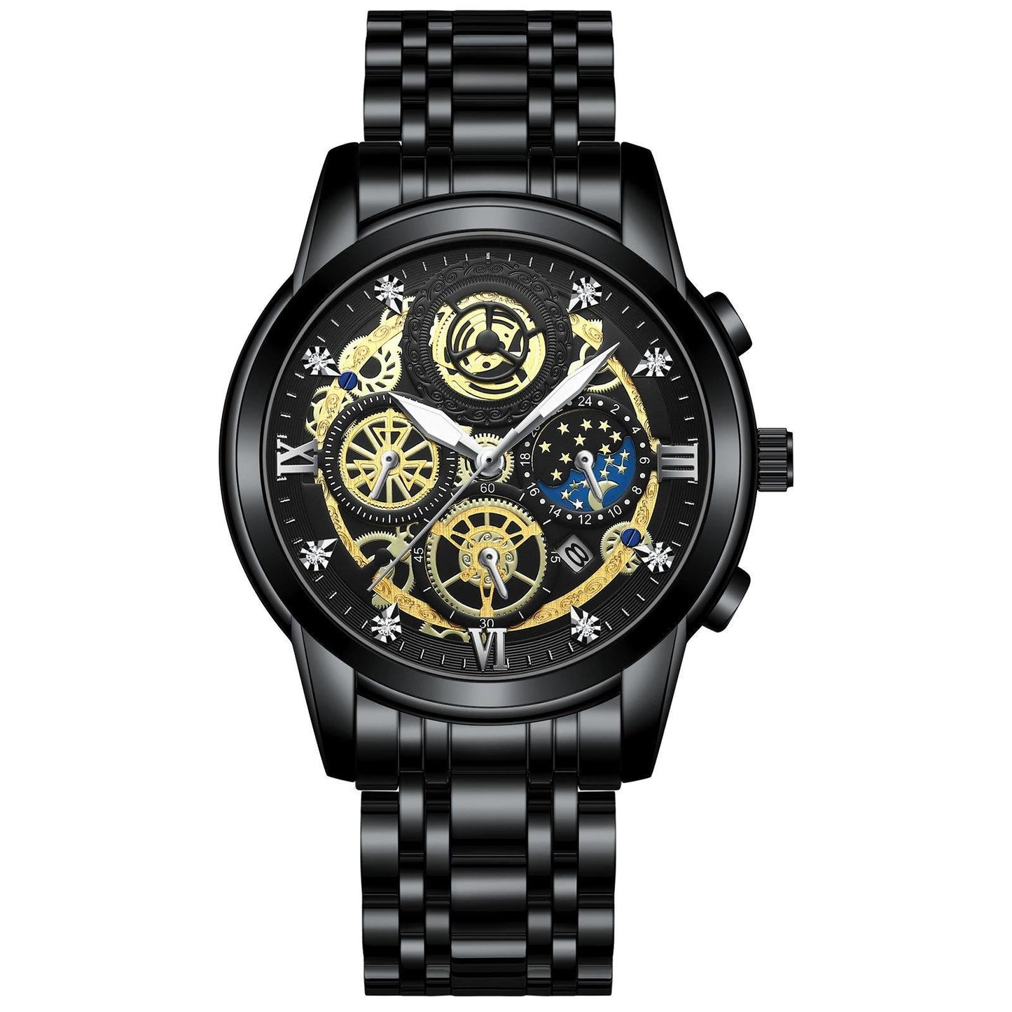 Waterproof Luminous Quartz Watch with Multifunctional Design - Black Steel Black Surface