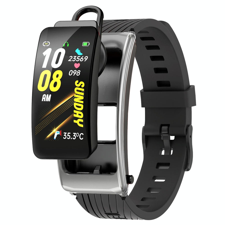 1.14 Inch Silicone Band Earphone Detachable Life Waterproof Smart Watch Support Bluetooth Call - Black Silver