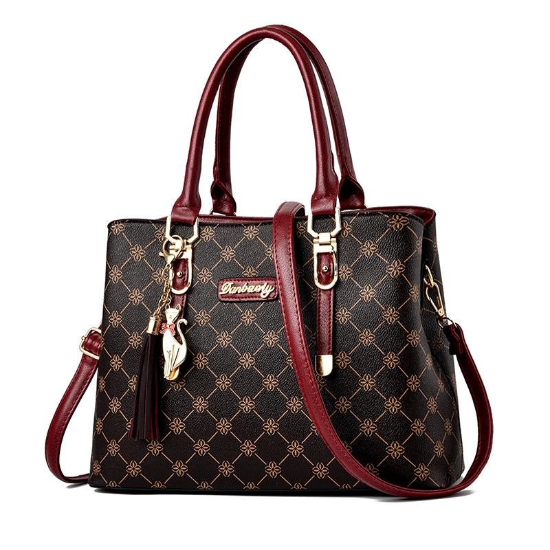 Spacious Print Handbag - Large Capacity - Dark Red Deep Coffee Print