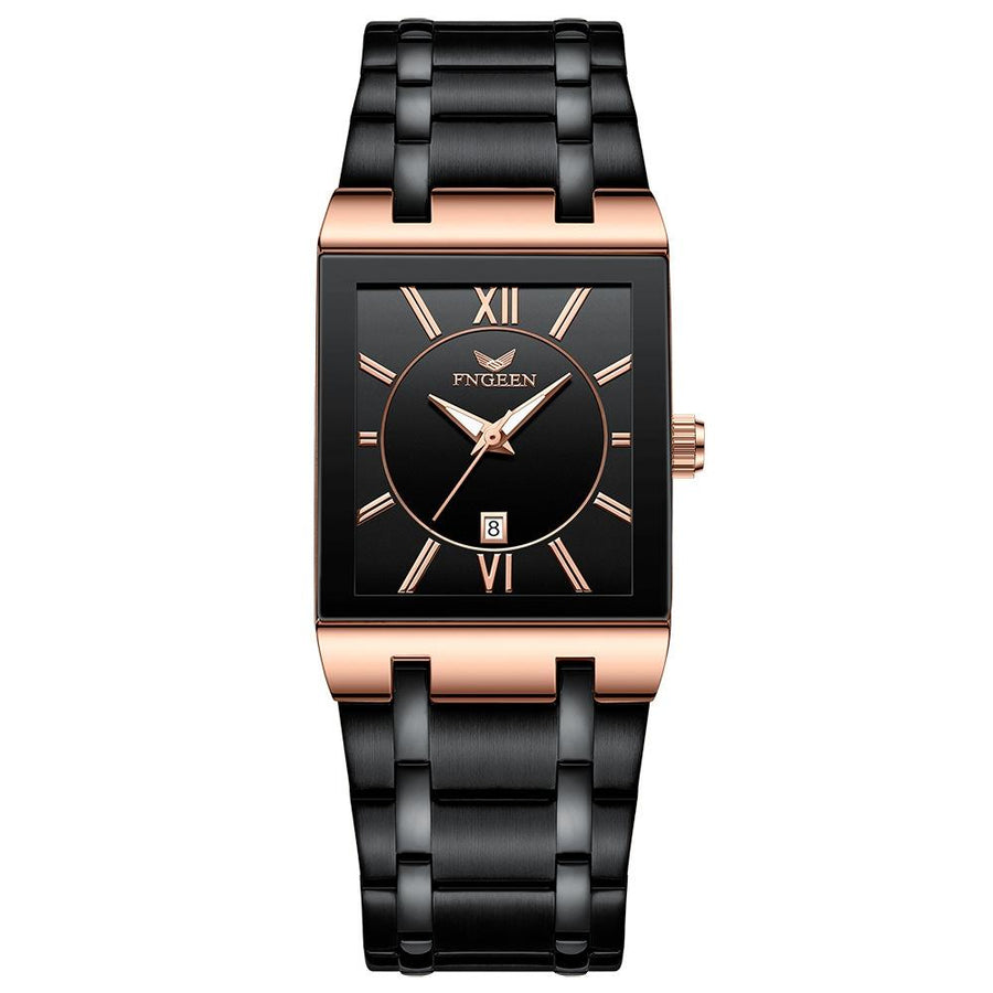 Waterproof Square Men Watch with Calendar - 50m - Black Belt Rose Shell Black Surface