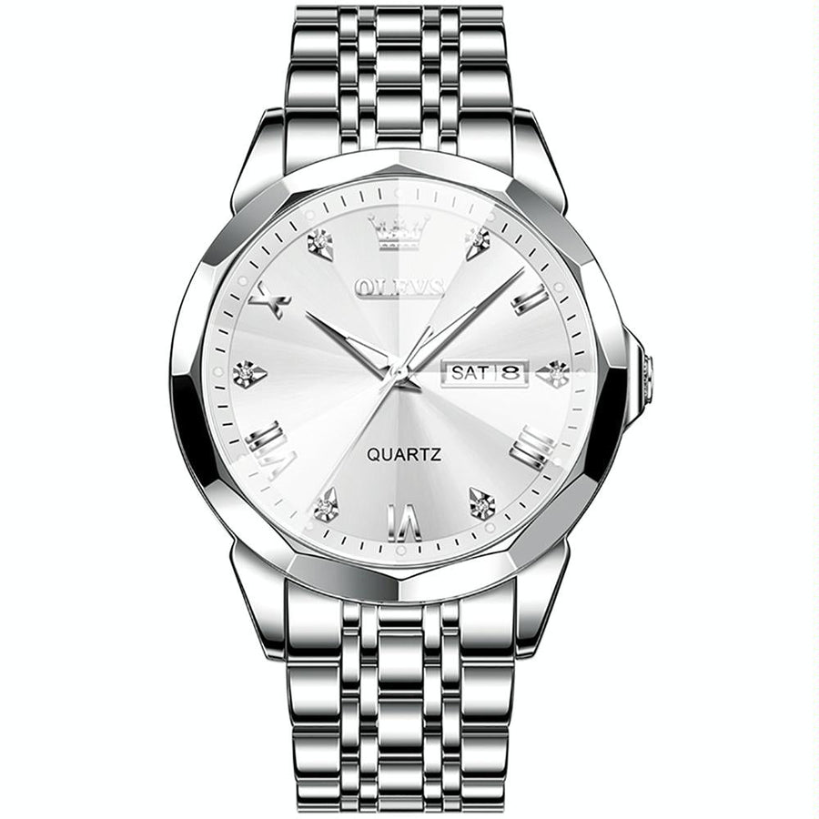 Waterproof Quartz Watch for Men with Luminous Dial - White + Silver