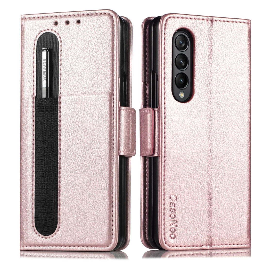For Samsung Galaxy Z Fold4 5G Litchi Pattern Case With Pen And Card Slots - 4 - Rose Gold