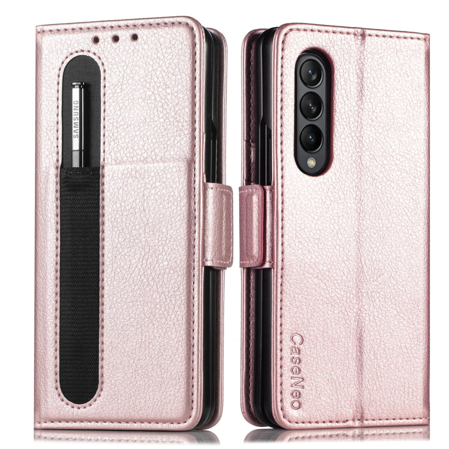 For Samsung Galaxy Z Fold4 5G Litchi Pattern Case With Pen And Card Slots - 4 - Rose Gold