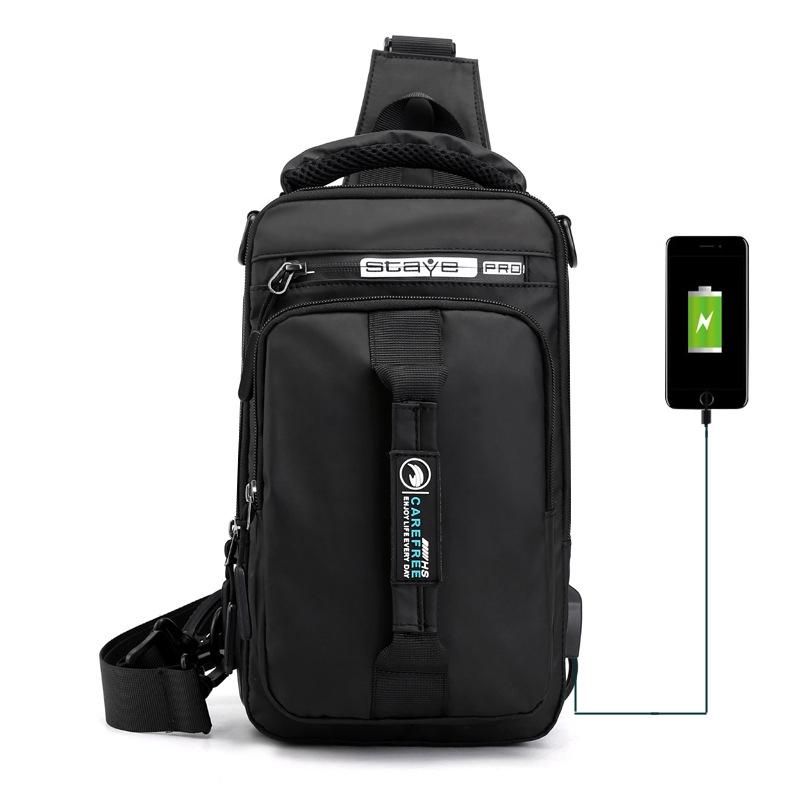 Men Multifunctional Chest Bag Usb Charging Port Single / Double Shoulder - Black