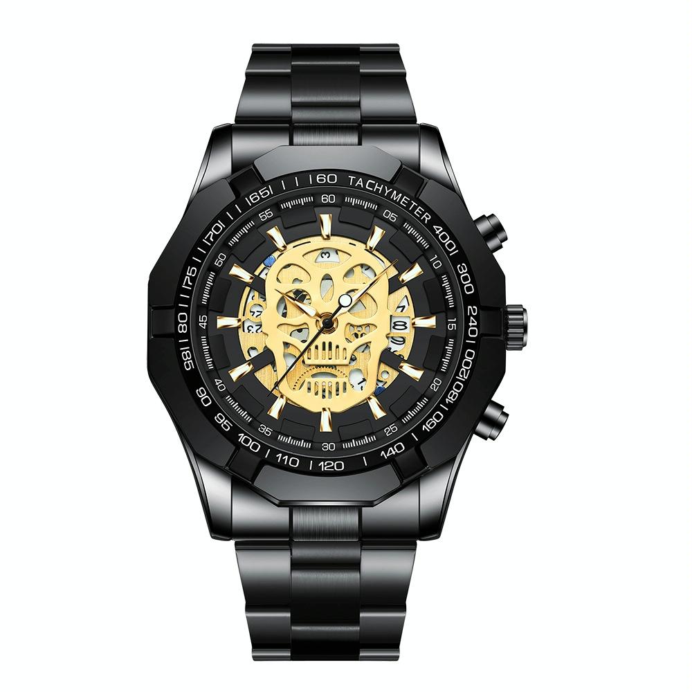 Waterproof Luminous Skeleton Watch - 30m - Black Steel Black Gold Nail