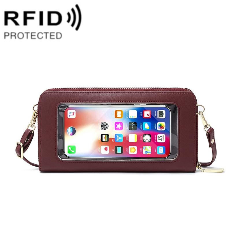 Anti Theft Rfid Cross Body Phone Bag With Touch Screen - Red Wine
