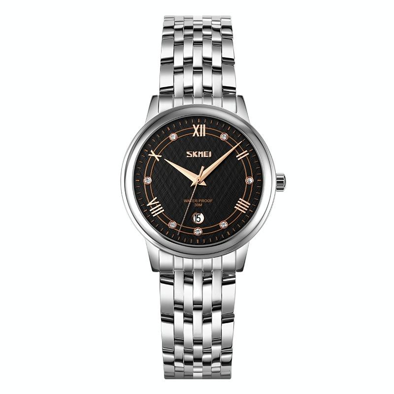 Waterproof Quartz Watch with Stainless Steel Buckle Strap for Women - Silver Shell Black Surface