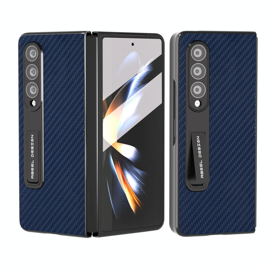 For Samsung Galaxy Z Fold4 5G Carbon Fiber Phone Case With Holder - Dark Blue