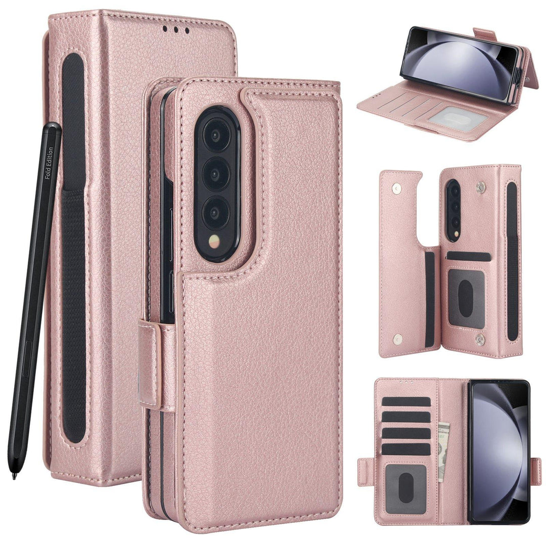 For Samsung Galaxy Z Fold4 5G Leather Phone Case With Pen Slot - Rose Gold