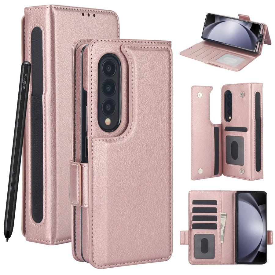 For Samsung Galaxy Z Fold4 5G Leather Phone Case With Pen Slot - Rose Gold