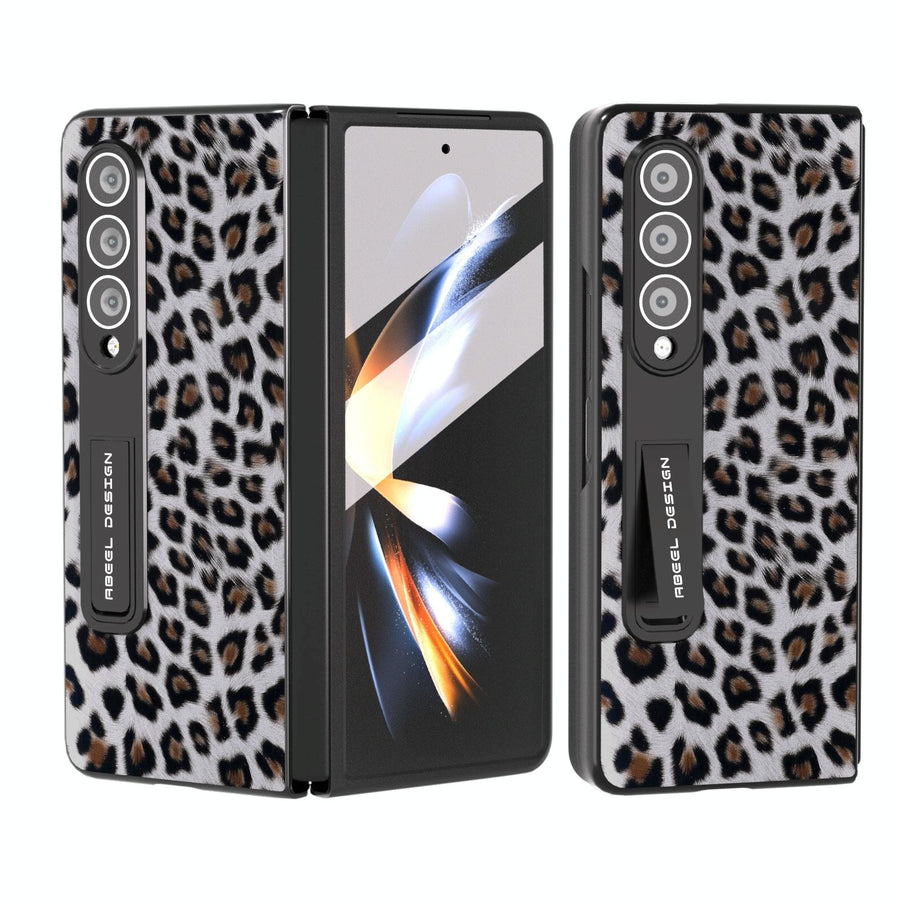 For Samsung Galaxy Z Fold4 5G Leopard Print Phone Case With Holder - Silver