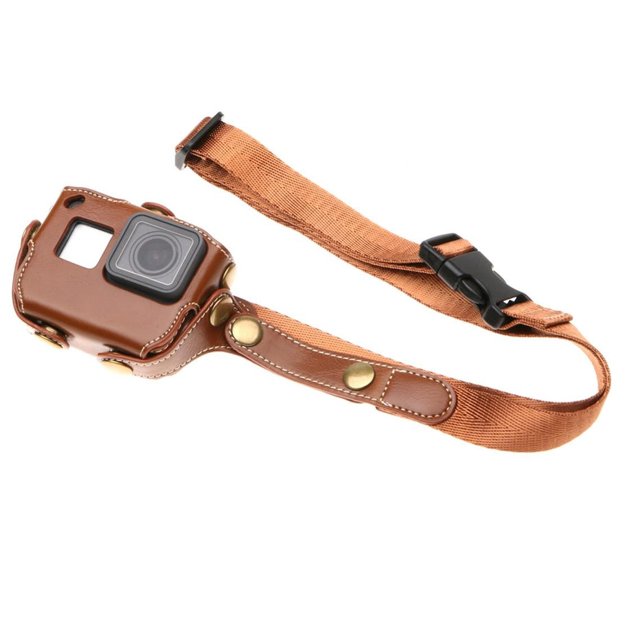 Leather Housing Case with Neck Strap and Buttons for Gopro Hero7 / 6 / 5 - Black - Coffee