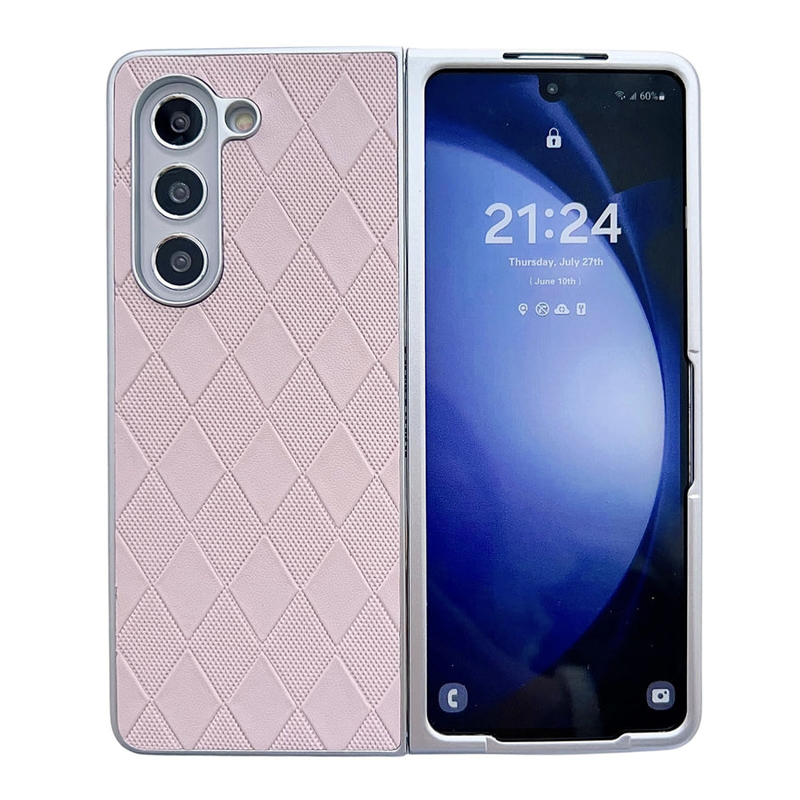 For Samsung Galaxy Z Fold4 5G Checkered Leather Phone Case With Pearlescent Finish - Pink